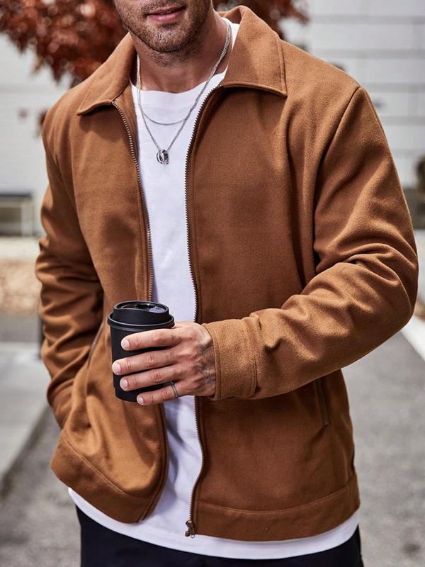  Solid Pocket Zip Up Jacket, Regular Fit Casual Long Sleeve Collared Outerwear for Fall & Winter, Men's Clothes for Daily Wear