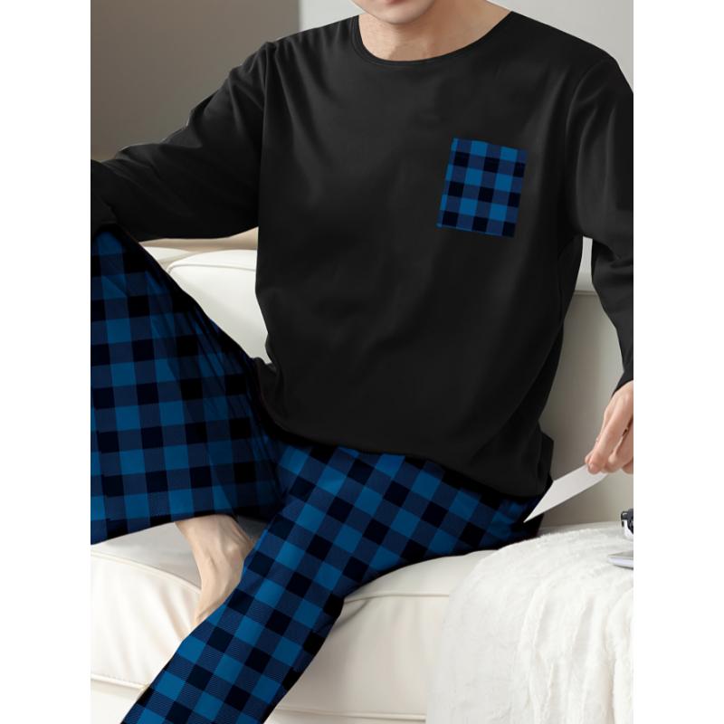 1set Men'S Casual Plaid Pajama Set - Polyester Long Sleeve Crew Neck Pullover with Slight Stretch Knit Fabric - Comfortable Regular Fit Sleepwear for Fall Winter