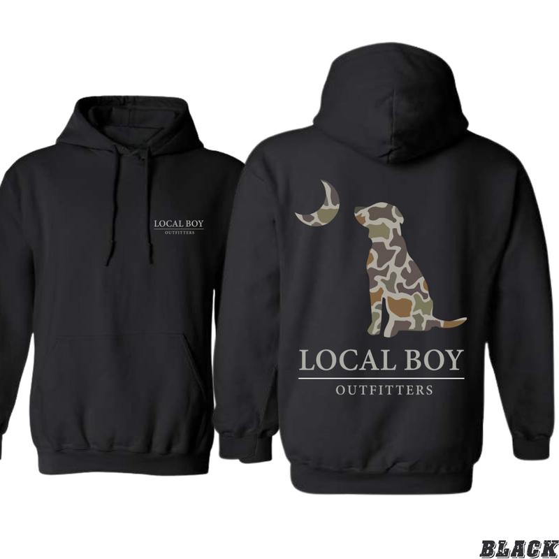 Local Boy Outfitters Hoodie - Classic Camouflage Dog Design Featuring Moon Graphics, country boy clothing, Perfect for Outdoor Enthusiasts and Dog Lovers, Unisex Hoodie for Everyday Comfort and Southern Style Menswear Sweaters Tops Underwear