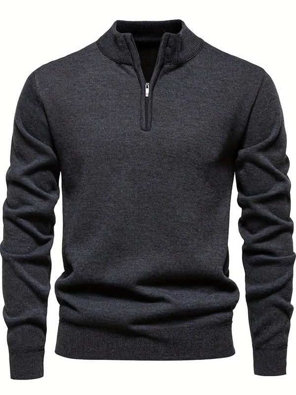 Men's Solid Zip Up Half Placket Stand Collar Sweater, Regular Fit Casual Long Sleeve Pullover for Fall & Winter, Men's Knitwear for Daily Wear