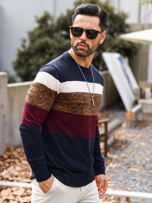 Men's Patchwork Print Round Neck Sweater, Sweater for Men, Regular Fit Casual Long Sleeve Crew Neck Jumper for Fall & Winter, Fashion Men's Knitwear Tops for Daily Wear, Menswear