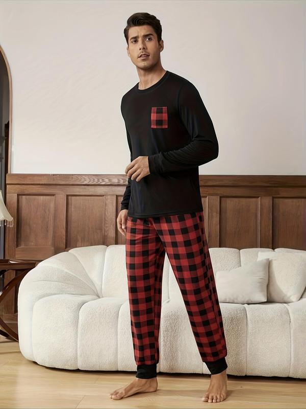 Two-piece Set Men's Pocket Tee & Plaid Pants Pyjama Set, Regular Fit Casual Comfy Round Neck Long Sleeve T-shirt & Trousers Pj Set, Men's Sleepwear for Spring & Fall