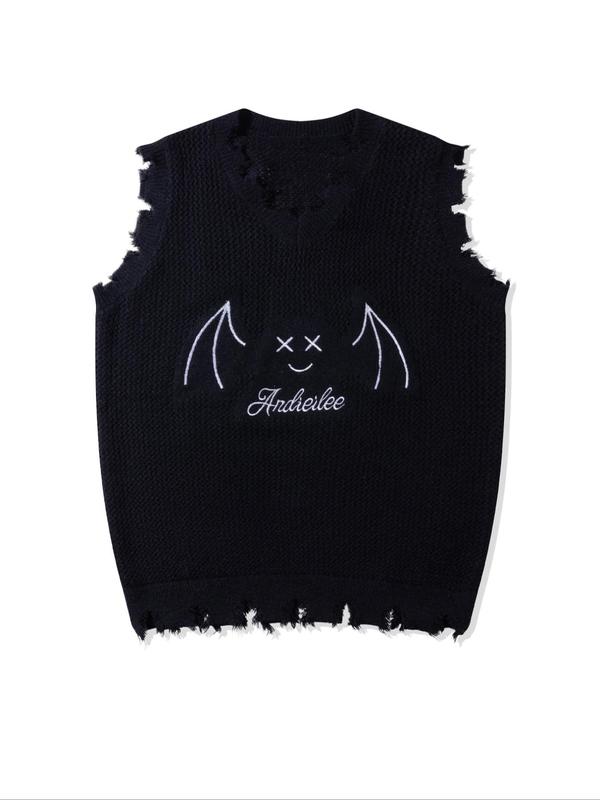 Men's Cartoon Bat & Letter Print Ripped V Neck Sweater Vest, Loose Casual Fashion Sleeveless Knit Top for Summer, Men's Knitwear for Daily Wear