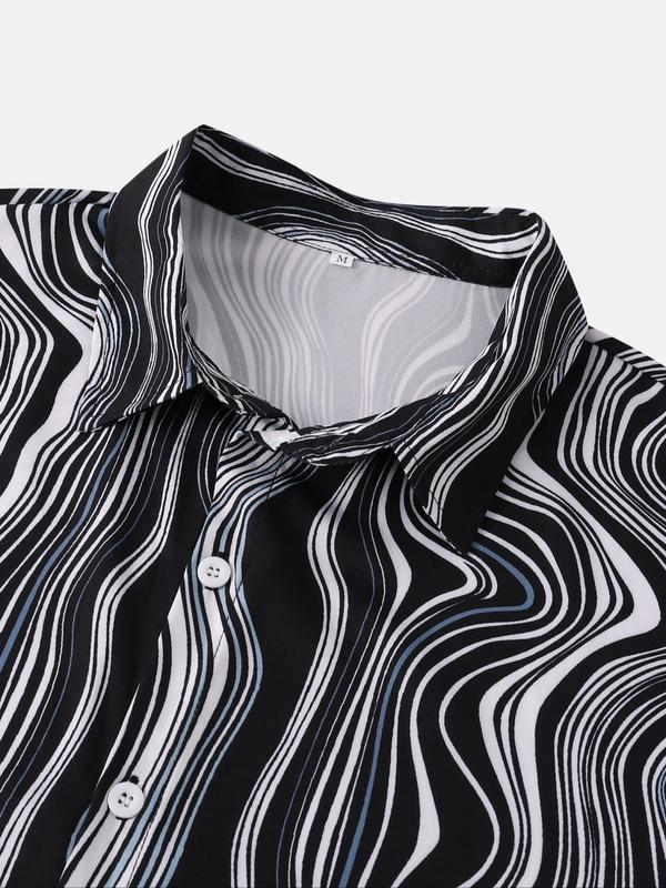 Men's All Over Wave Print Button Front Shirt, Regular Fit Fashion Casual Short Sleeve Collared Shirt for Summer, Men's Top for Daily Wear