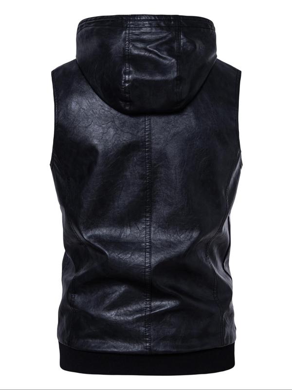 Men's Solid Zipper Pu Leather Vest, Regular Fit Casual Fashion Hooded Sleeveless Outerwear for Daily Wear, Men's Waistcoats for All Seasons, Fall Outfits, Fallfreshness