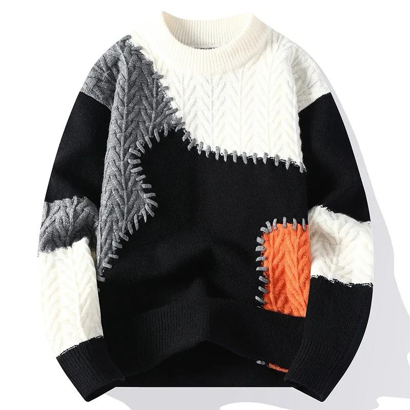 Winter Fashion Sweater Men Patchwork Casual Knit Pullovers Mens Thick Warm Harajuku Loose Knitted Sweaters O-Neck Streetwear Man