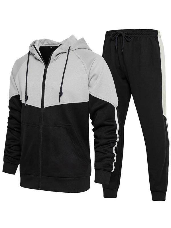 Men's Colorblock Zip Up Drawstring Hoodie & Drawstring Waist Pants Two-Piece Set, Regular Fit Casual Raglan Sleeve Hooded Sweatshirt & Pocket Trousers for Fall & Winter, Men's Two-piece Outfits for Daily Wear