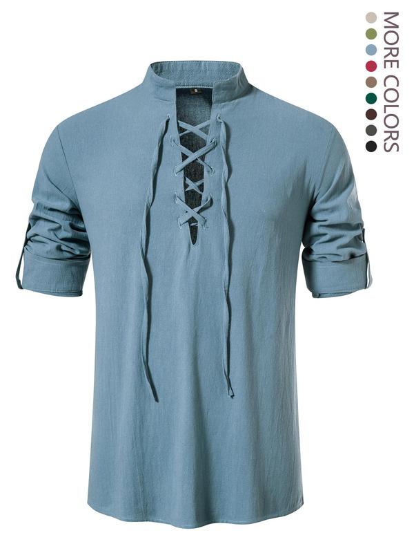 Men's Vintage Solid Lace Up Long Sleeve Henley Shirt, Shirts for Men, Regular Fit Streetwear Comfort Stand Collar Tie Front Top, 4th Of July Shirts, Back To School Clothes, Men's Summer Clothes for All Seasons, Fall Outfits, Earthtone Fallfreshness