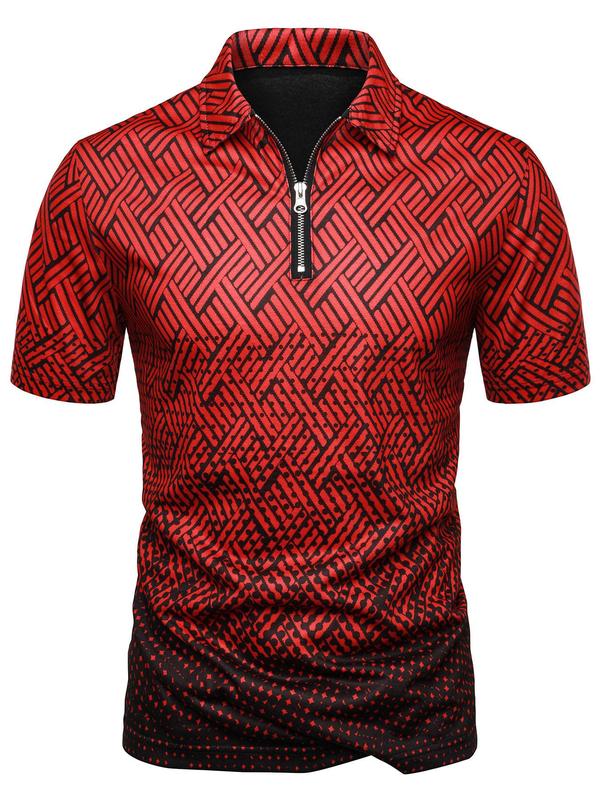 Men's Colorblock All Over Print Zipper Polo Shirt, Regular Fit Casual Short Sleeve Top for Summer, Fashion Men's Clothes for Daily Wear