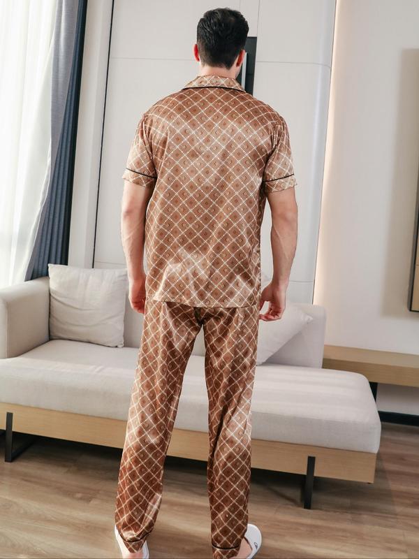 Men's Plaid Print Satin Pyjama Set, Button Front Lapel Shirt & Pants Pj Set, Casual Comfortable Men's Sleepwear & Loungewear Set for Summer