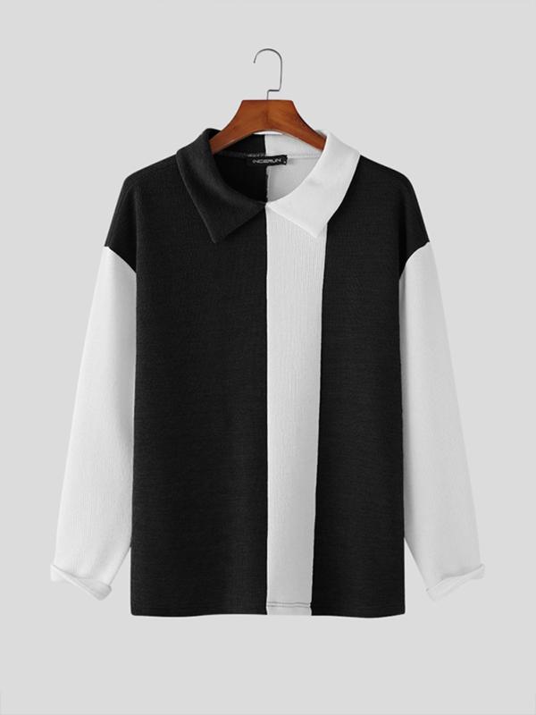 Men's Colorblock Drop Shoulder Knit Top, Casual Long Sleeve Collared Jumper for Fall & Winter, Fashion Men's Knitwear for Daily Wear