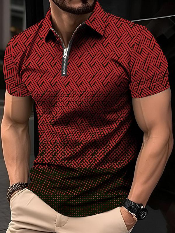 Men's Colorblock All Over Print Zipper Polo Shirt, Regular Fit Casual Short Sleeve Top for Summer, Fashion Men's Clothes for Daily Wear