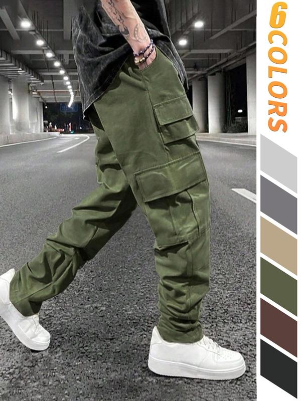 Men's Solid Drawstring Waist Cargo Pants, Street Fashion Casual Pocket Elastic Waist Trousers for Daily Wear, Men's Bottoms for All Seasons, 2000s Pants, Pants for Men, Mens Pants, Summer Outfits 2024, 90s Clothes