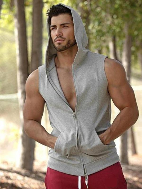 Men's Pocket Hooded Tank Top, Slim Casual Sleeveless Zip Front Top, Fashion Men's Clothes for Summer Daily Wear