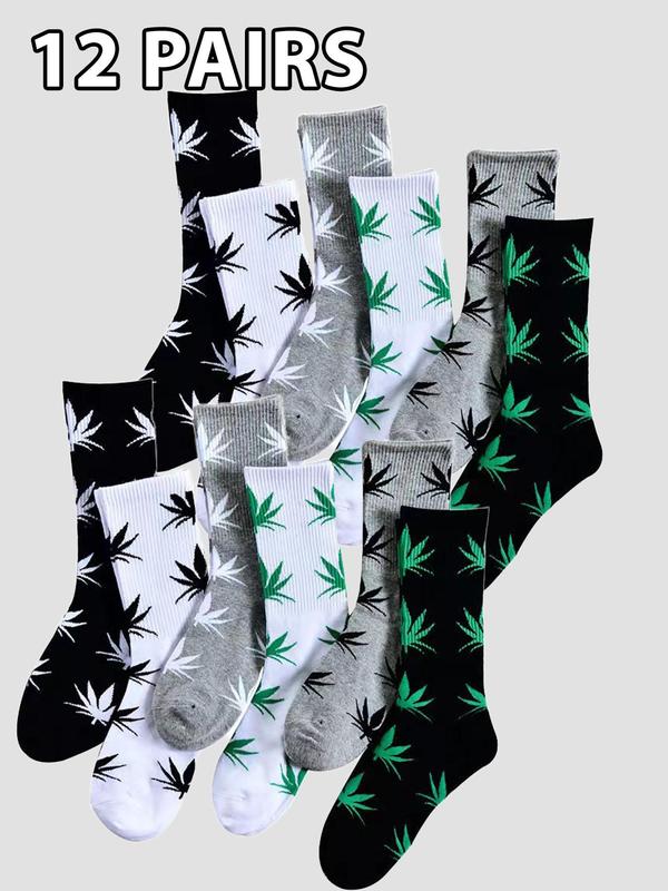 Unisex's Leaf Print Crew Socks, Casual Comfy Breathable Mid-calf Socks for Daily Wear, Unisex's Socks for All Seasons