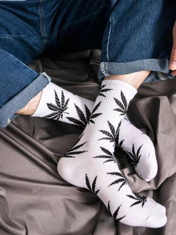 Unisex's Leaf Print Crew Socks, Casual Comfy Breathable Mid-calf Socks for Daily Wear, Unisex's Socks for All Seasons