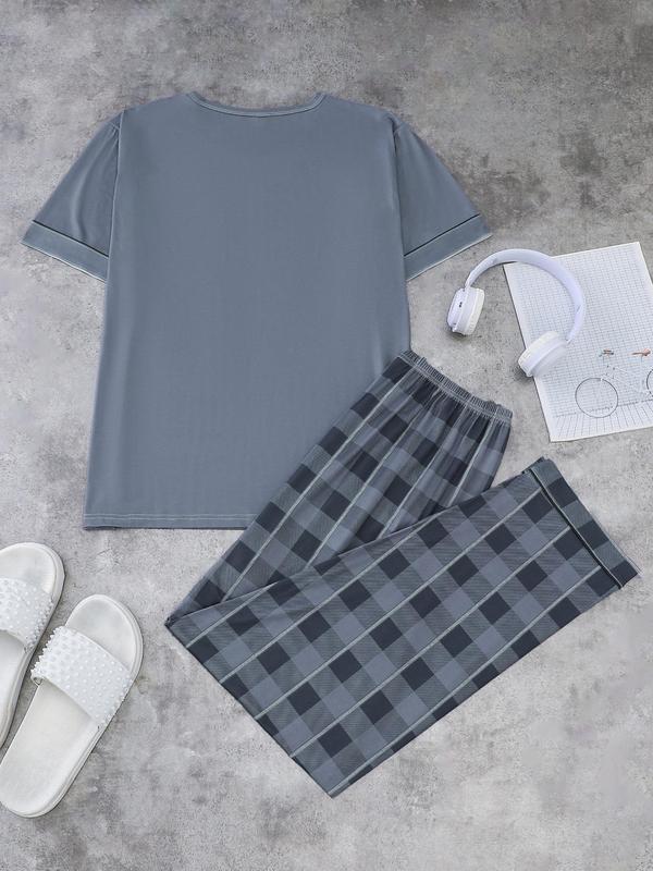 Two-Piece Set Men's Plaid Print Short Sleeve Tee & Elastic Waist Pants Pyjama, Casual Comfy Round Neck T-shirt & Trousers PJ Set, Men's Sleepwear for All Seasons