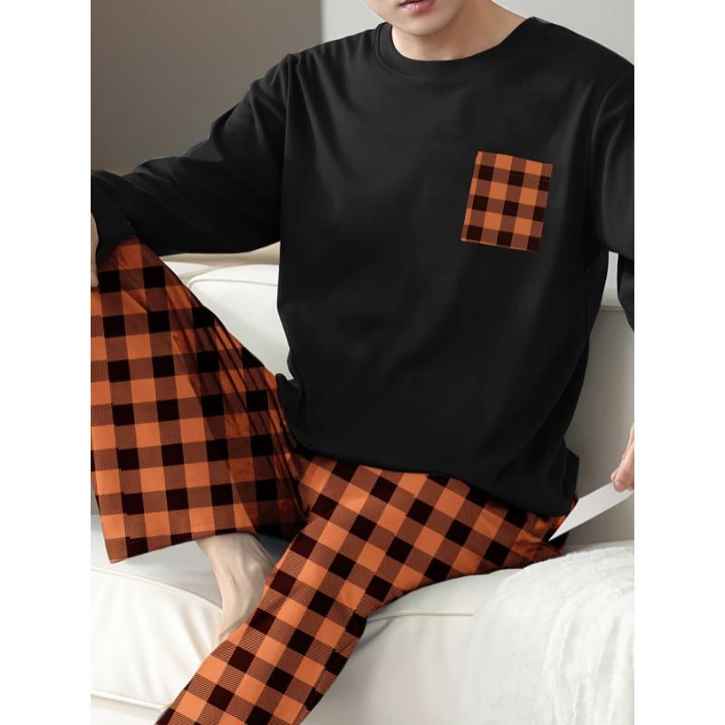 1set Men'S Casual Plaid Pajama Set - Polyester Long Sleeve Crew Neck Pullover with Slight Stretch Knit Fabric - Comfortable Regular Fit Sleepwear for Fall Winter