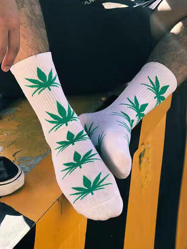 Unisex's Leaf Print Crew Socks, Casual Comfy Breathable Mid-calf Socks for Daily Wear, Unisex's Socks for All Seasons