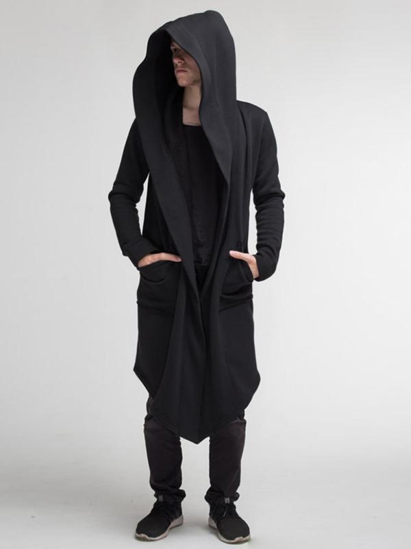 Men's Solid Pocket Hooded Cape Coat, Regular Fit Casual Long Sleeve Open Front Outerwear for Fall & Winter, Men's Clothes for Daily Wear