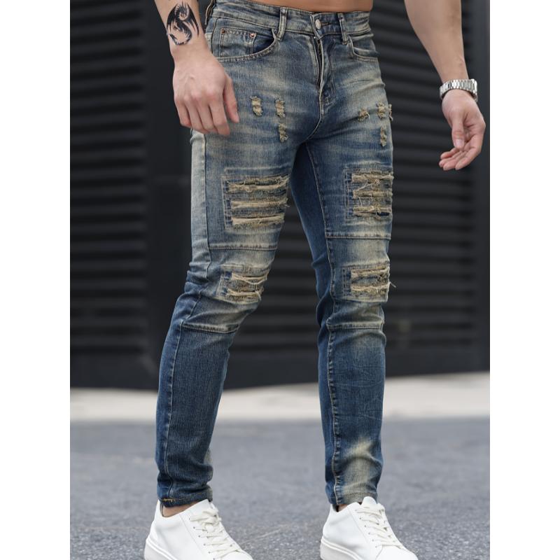 Stylish Gradient Ripped Skinny Jeans - Soft Cotton Blend, Slim Fit, Casual Street Style, Perfect for Spring Summer, Men's Fashion Essential