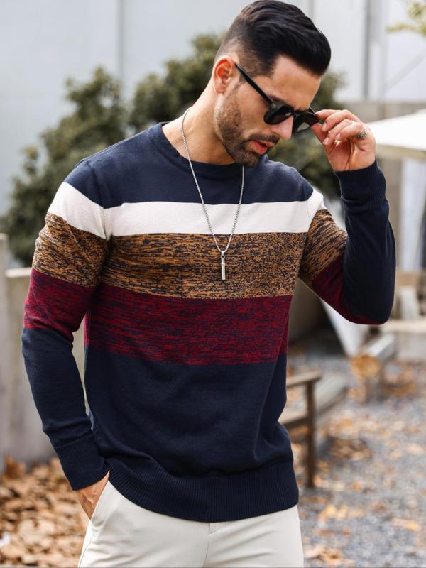 Men's Patchwork Print Round Neck Sweater, Sweater for Men, Regular Fit Casual Long Sleeve Crew Neck Jumper for Fall & Winter, Fashion Men's Knitwear Tops for Daily Wear, Menswear