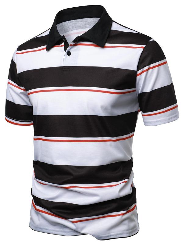 Men's Striped Print Short Sleeve Polo Shirt, Casual Regular Fit Button Front Collar Top for Summer, Fashion Men's Clothes for Daily Wear