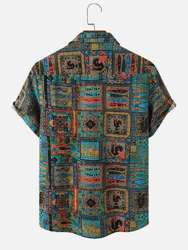 Men's Ethnic Pattern Boho Nostalgia Shirt, Vintage Western Collared Button Front Short Sleeve Shirt, Streetwear, Men's Top for Summer Beach Vacation