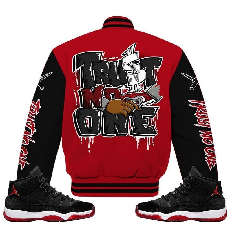 Bred Velvet 11s Varsity Jacket, Trust No One Dripping Varsity Jacket, Baseball Jacket Printing Fashion Casual Baseball Jacket Sweatshirt - Jacket  Jacket Sweatshirt Cardigan Hip Hop Baseball Uniform Men Sports - Jacket