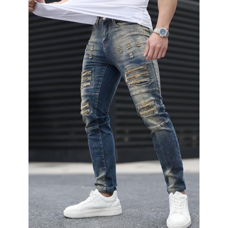 Stylish Gradient Ripped Skinny Jeans - Soft Cotton Blend, Slim Fit, Casual Street Style, Perfect for Spring Summer, Men's Fashion Essential