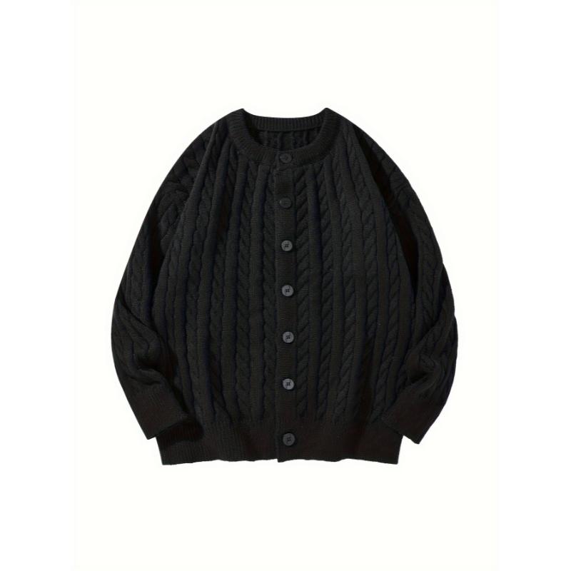 Men's Casual Cable Knit Cardigan - Solid Color, Button-Up Sweater Jacket for Fall Winter, Machine Washable