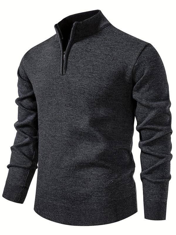 Men's Solid Zip Up Half Placket Stand Collar Sweater, Regular Fit Casual Long Sleeve Pullover for Fall & Winter, Men's Knitwear for Daily Wear