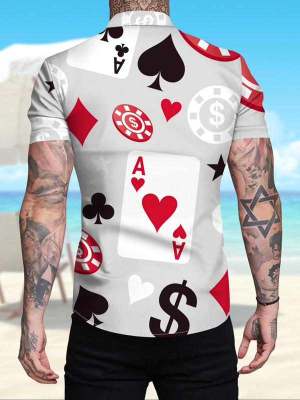 Men's Poker Graphic Pocket Button Front Shirt, Regular Fit Casual Short Sleeve Collar Shirt for Summer, Fashion Men's Top for Beach Vacation