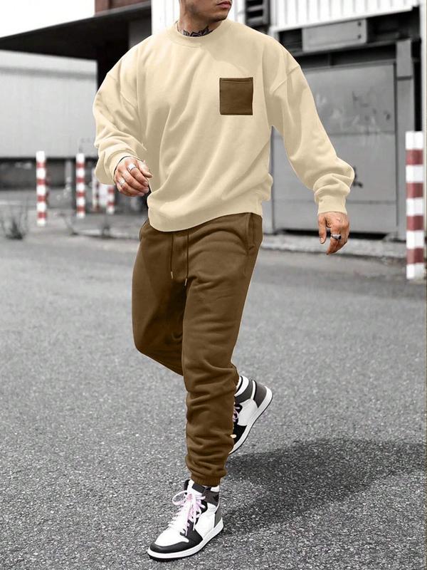 Men's Colorblock Pocket Sweatshirt & Drawstring Waist Pants Two-piece Set, Regular Fit Round Neck Long Sleeve Pullover & Trousers, Casual Fashion Cozy Breathable Men Two-piece Outfits for Fall & Winter