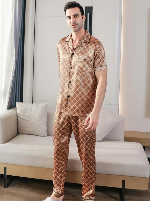 Men's Plaid Print Satin Pyjama Set, Button Front Lapel Shirt & Pants Pj Set, Casual Comfortable Men's Sleepwear & Loungewear Set for Summer