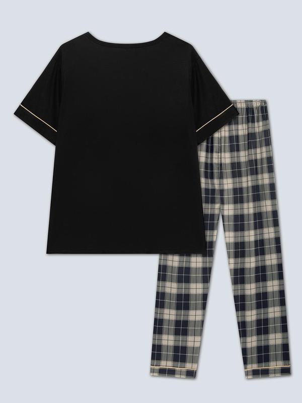 Two-Piece Set Men's Plaid Print Short Sleeve Tee & Elastic Waist Pants Pyjama, Casual Comfy Round Neck T-shirt & Trousers PJ Set, Men's Sleepwear for All Seasons