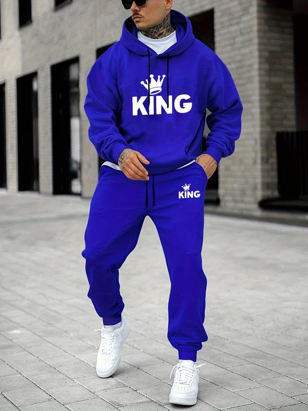 Men's Letter & Crown Print Drawstring Sweatsuit Set, Drop Shoulder Pullover Hoodie & Pocket Jogger Sweatpants Set, Outfit Sets for Men, Mens Clothes for Spring & Fall, Athletic Clothes