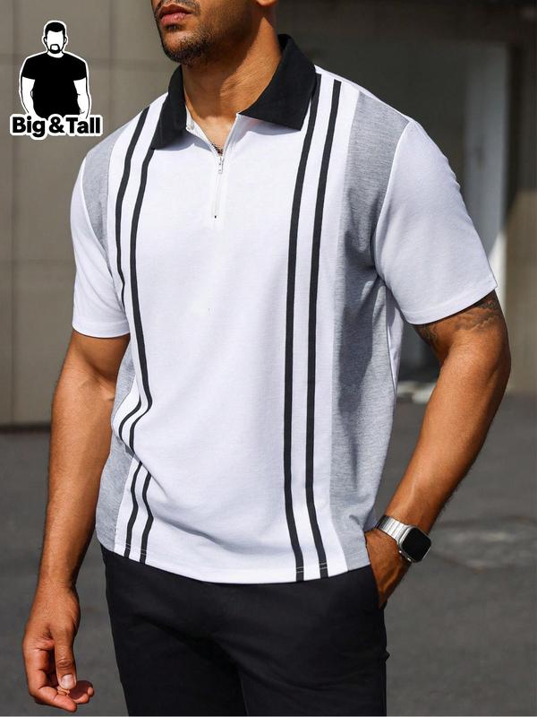  Striped Print Polo Shirt, Regular Fit Casual Short Sleeve Collared Top for Fall & Winter, Men's Clothes for Daily Wear