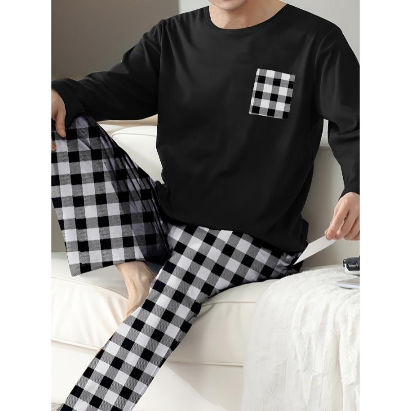 1set Men'S Casual Plaid Pajama Set - Polyester Long Sleeve Crew Neck Pullover with Slight Stretch Knit Fabric - Comfortable Regular Fit Sleepwear for Fall Winter