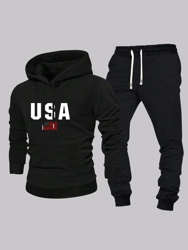 Men's Letter Print Hoodie Top & Drawstring Waist Sweatpants Two-piece Set, Regular Fit Casual Long Sleeve Hooded Top & Jogger Pants for Fall & Winter, Men's Two-piece for Daily Wear