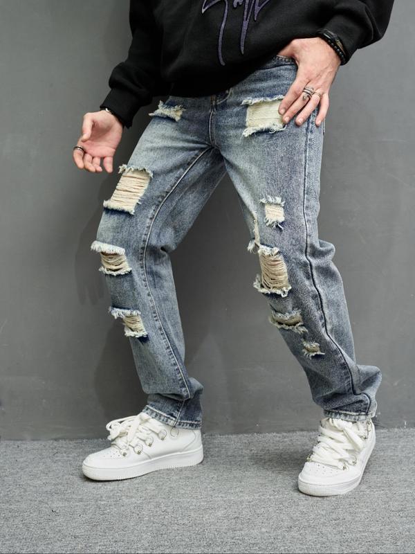 Men's Ripped Jeans, Casual Comfy Regular Fit Pocket Zipper Button Fly Denim Pants for Daily Wear, Fashion Men's Bottoms for All Seasons