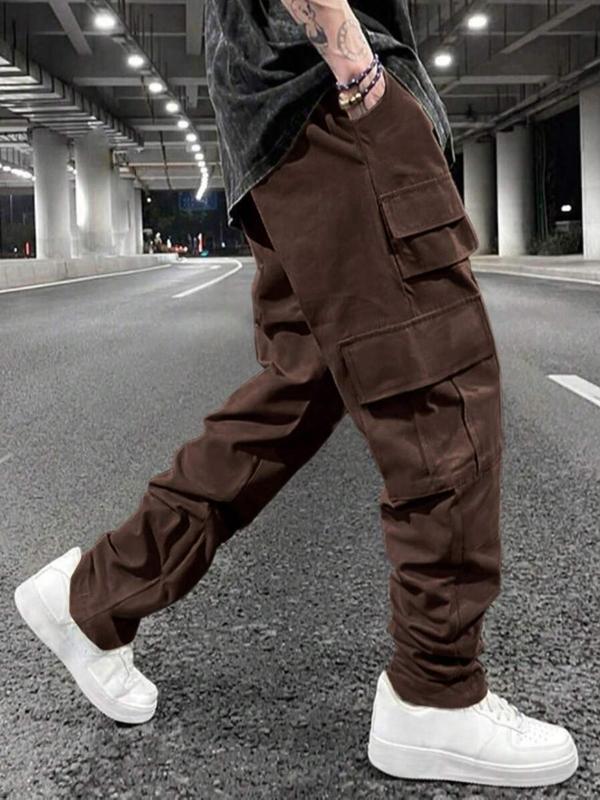 Men's Solid Drawstring Waist Cargo Pants, Street Fashion Casual Pocket Elastic Waist Trousers for Daily Wear, Men's Bottoms for All Seasons, 2000s Pants, Pants for Men, Mens Pants, Summer Outfits 2024, 90s Clothes