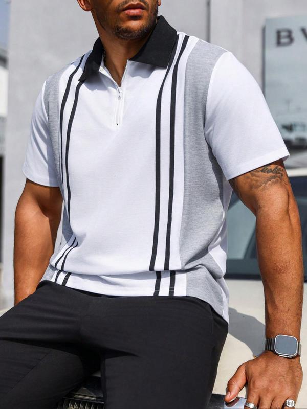  Striped Print Polo Shirt, Regular Fit Casual Short Sleeve Collared Top for Fall & Winter, Men's Clothes for Daily Wear