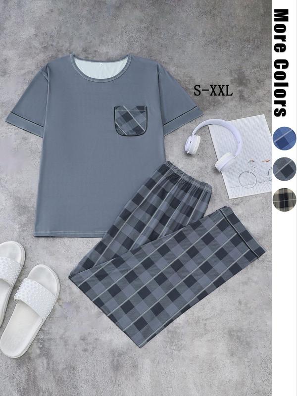 Two-Piece Set Men's Plaid Print Short Sleeve Tee & Elastic Waist Pants Pyjama, Casual Comfy Round Neck T-shirt & Trousers PJ Set, Men's Sleepwear for All Seasons