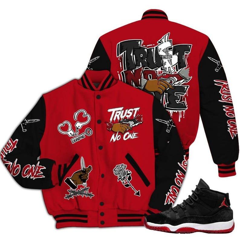 Bred Velvet 11s Varsity Jacket, Trust No One Dripping Varsity Jacket, Baseball Jacket Printing Fashion Casual Baseball Jacket Sweatshirt - Jacket  Jacket Sweatshirt Cardigan Hip Hop Baseball Uniform Men Sports - Jacket