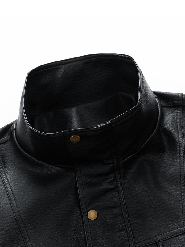 Men's Solid Button Front Pocket Zipper PU Leather Jacket, Loose Casual Funnel Neck Long Sleeve Outerwear for Fall & Winter, Men's Clothes for Daily Wear