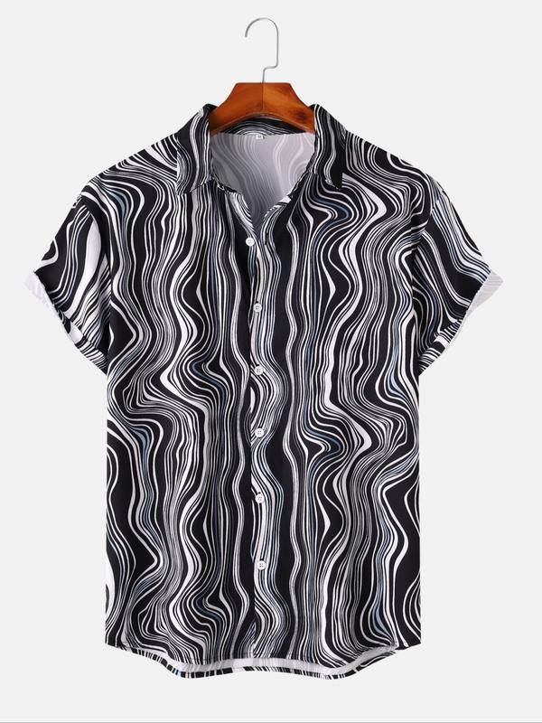 Men's All Over Wave Print Button Front Shirt, Regular Fit Fashion Casual Short Sleeve Collared Shirt for Summer, Men's Top for Daily Wear