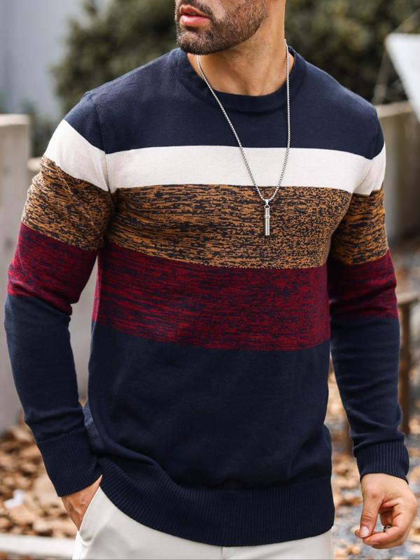 Men's Patchwork Print Round Neck Sweater, Sweater for Men, Regular Fit Casual Long Sleeve Crew Neck Jumper for Fall & Winter, Fashion Men's Knitwear Tops for Daily Wear, Menswear