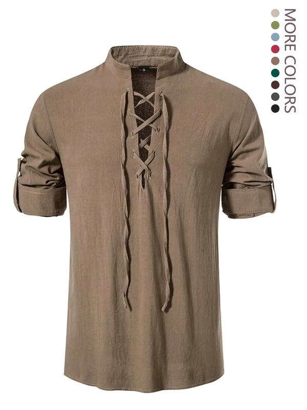 Men's Vintage Solid Lace Up Long Sleeve Henley Shirt, Shirts for Men, Regular Fit Streetwear Comfort Stand Collar Tie Front Top, 4th Of July Shirts, Back To School Clothes, Men's Summer Clothes for All Seasons, Fall Outfits, Earthtone Fallfreshness