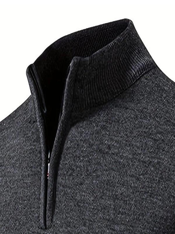 Men's Solid Zip Up Half Placket Stand Collar Sweater, Regular Fit Casual Long Sleeve Pullover for Fall & Winter, Men's Knitwear for Daily Wear